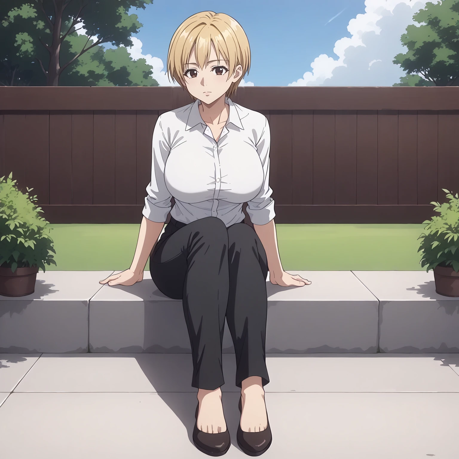 <lora:TomokaSuisoXLpony001>,
solo,
TomokaSuiso,1girl,blonde hair,short hair,brown eyes,
large breasts,
white shirt,
black pants,
outdoors,
full body,sitting,