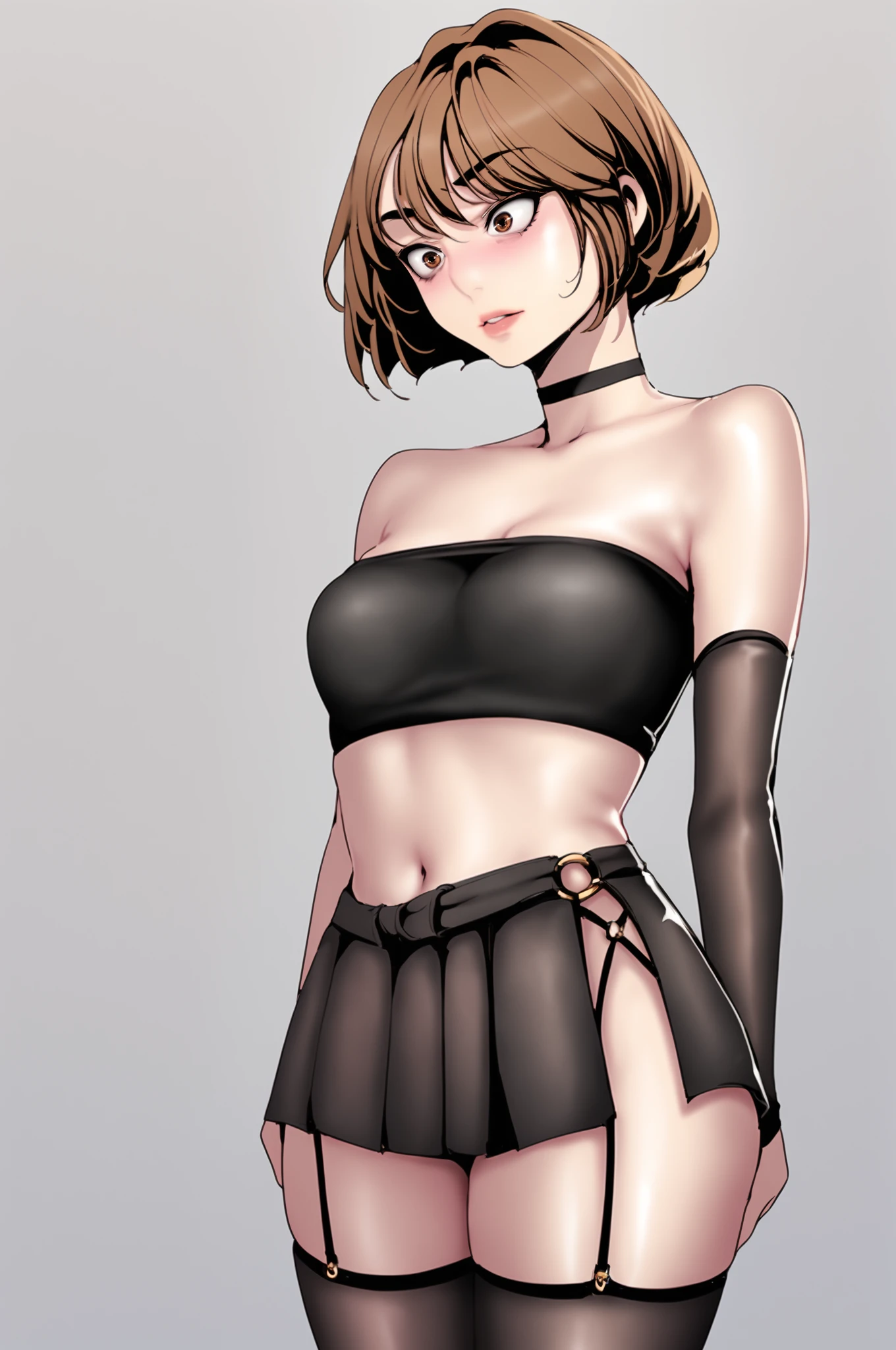 <lora:XL_NaSori_BNW:1> nasoridef, brown hair, brown eyes, short hair, grey background, simple background, 
standing, tube top, pleated skirt, black thighhighs, black choker, garter straps, navel, black gloves, elbow gloves, o-ring skirt, blush, looking down,, score_9,score_8_up,score_7_up, source_anime,  detailed face