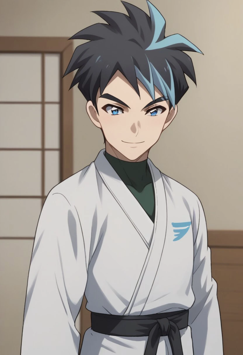 score_9, score_8_up, score_7_up, source_anime, highly detailed, 
ryuji, 1boy, male focus, solo, black hair, short hair, upper body, multicolored hair, blue eyes, spiked hair, bangs, two-tone hair, karate uniform, smile, black belt,
indoor,