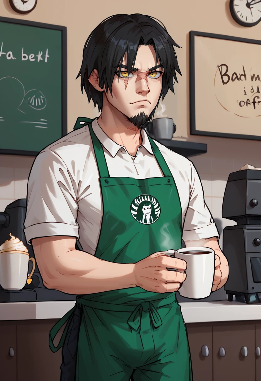 score_9, score_8_up, score_8,    <lora:rey:0.8> 1boy, r3y, solo, male focus, facial hair, black hair, goatee, scar, yellow eyes, coffee shop, uniform, pants, shirt, apron,