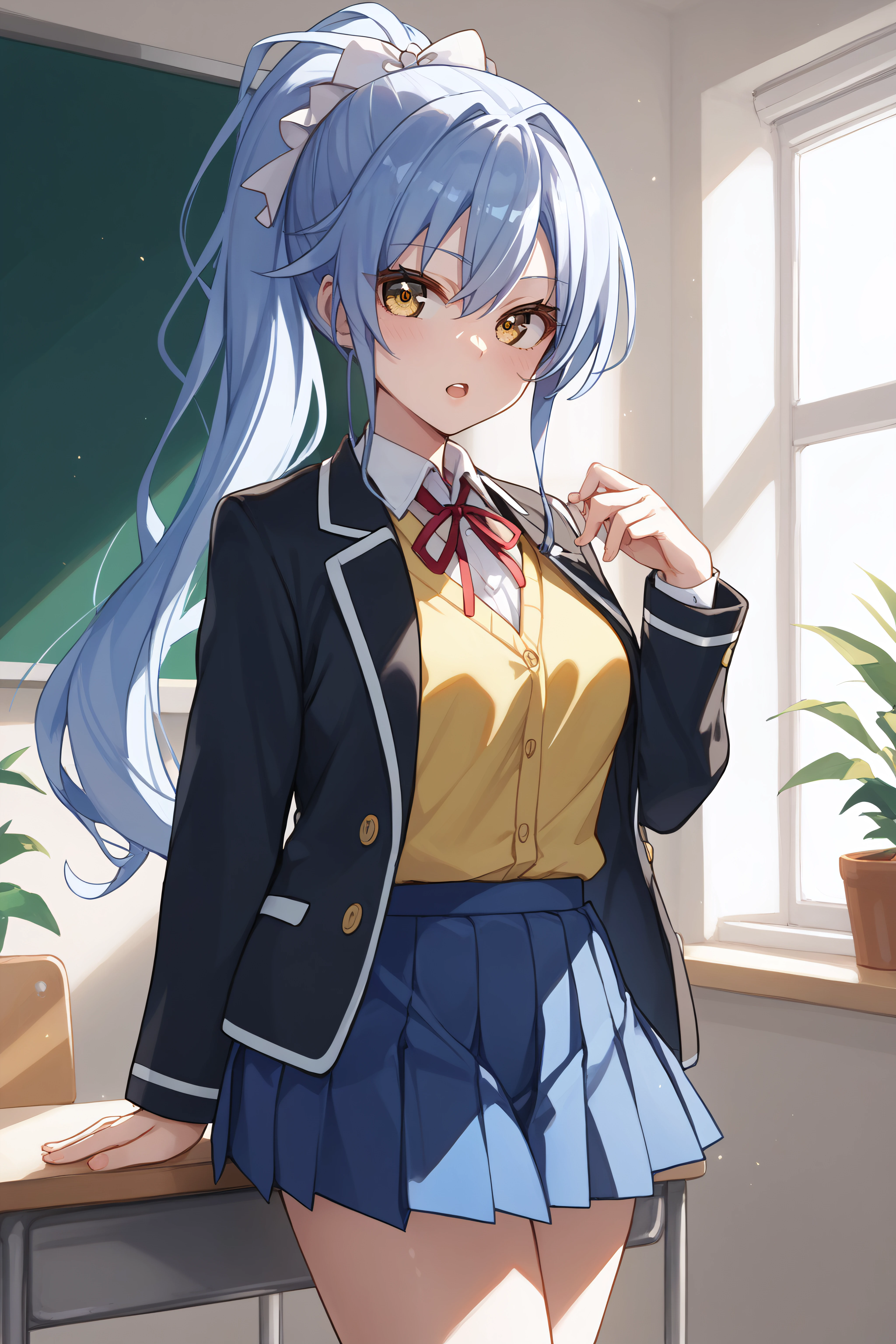 score_9, score_8_up, score_7_up, BREAK source_anime, <lora:Kurumi Nonaka-PonyXL-lora-Faxtron:0.8> kurumi nonaka, yellow eyes, blue hair, high ponytail, white hair ribbon, school uniform, black jacket, yellow vest, dress shirt, red neck ribbon, blue pleated skirt,