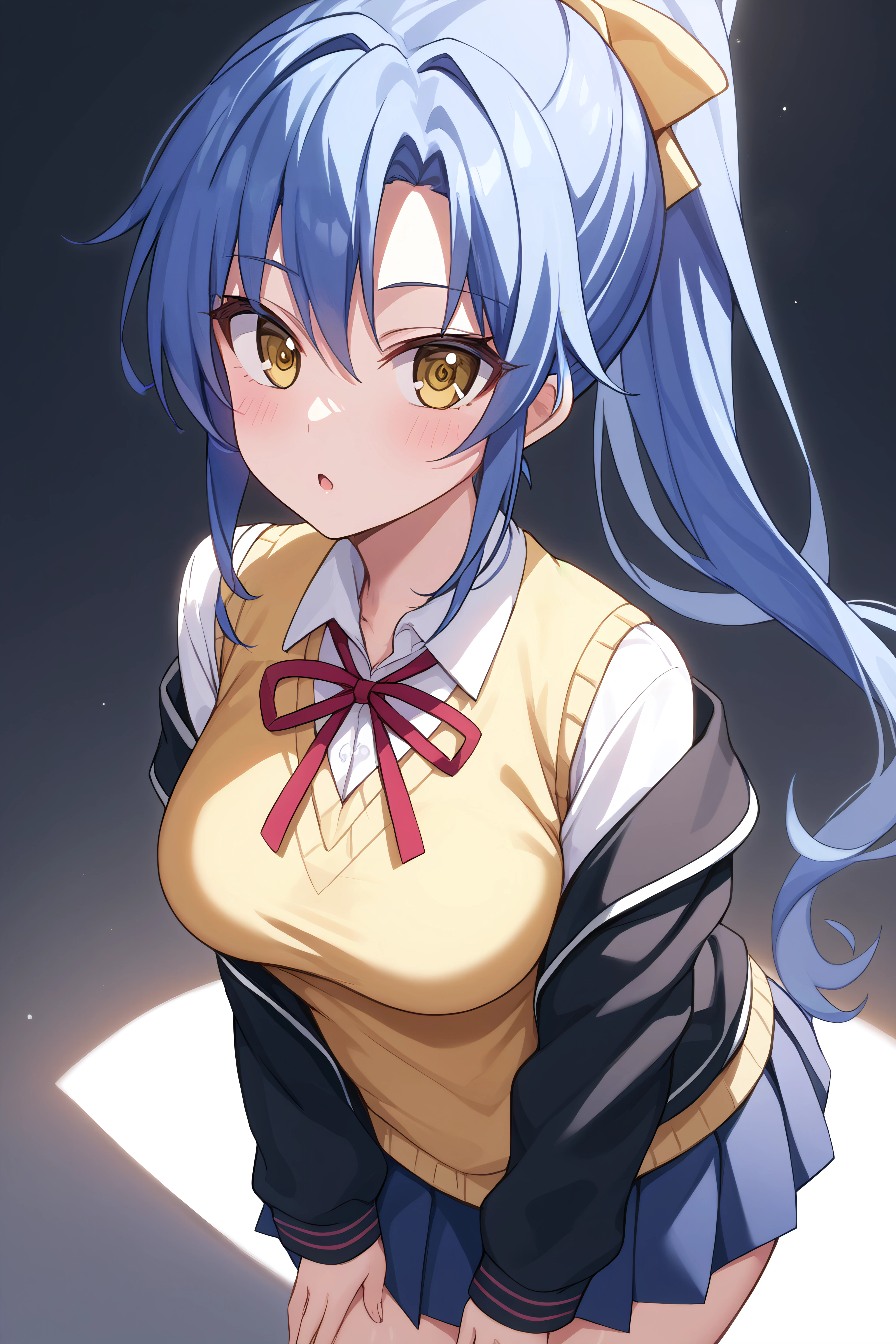 score_9, score_8_up, score_7_up, BREAK source_anime, <lora:Kurumi Nonaka-PonyXL-lora-Faxtron:0.8> kurumi nonaka, yellow eyes, blue hair, high ponytail, white hair ribbon, school uniform, black jacket, yellow vest, dress shirt, red neck ribbon, blue pleated skirt,