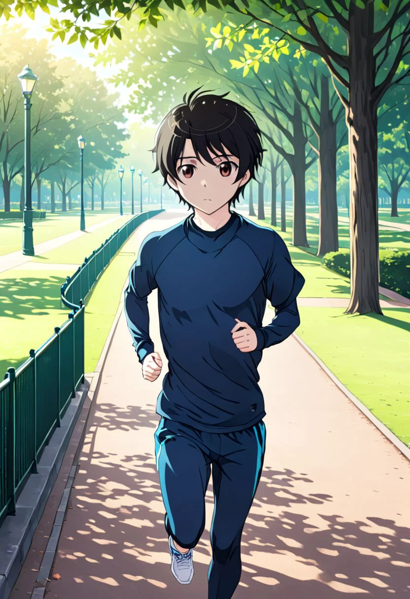 high resolution, solo, best quality, 1Boy, Inaho Kaizuka, Black hair, Brown Eyes, Morning run, sneakers, park, fresh air, OverallDetail