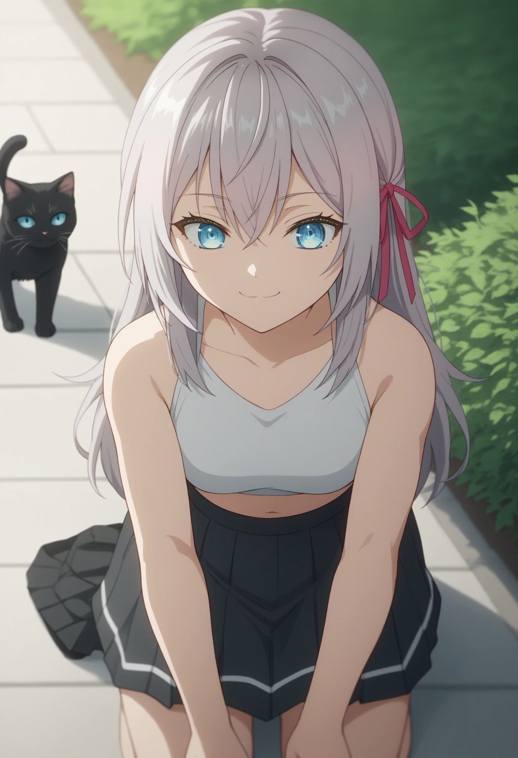 score_9,score_8_up,score_7_up,source_anime BREAK 1girl,solo,tokialya,long hair,blue eyes,grey hair,hair between eyes,bangs, hair ribbon, looking at cat,smile BREAK crop top,skirt, kneeling, pet cat <lora:Roshidere_Alya_ponyXL:1>