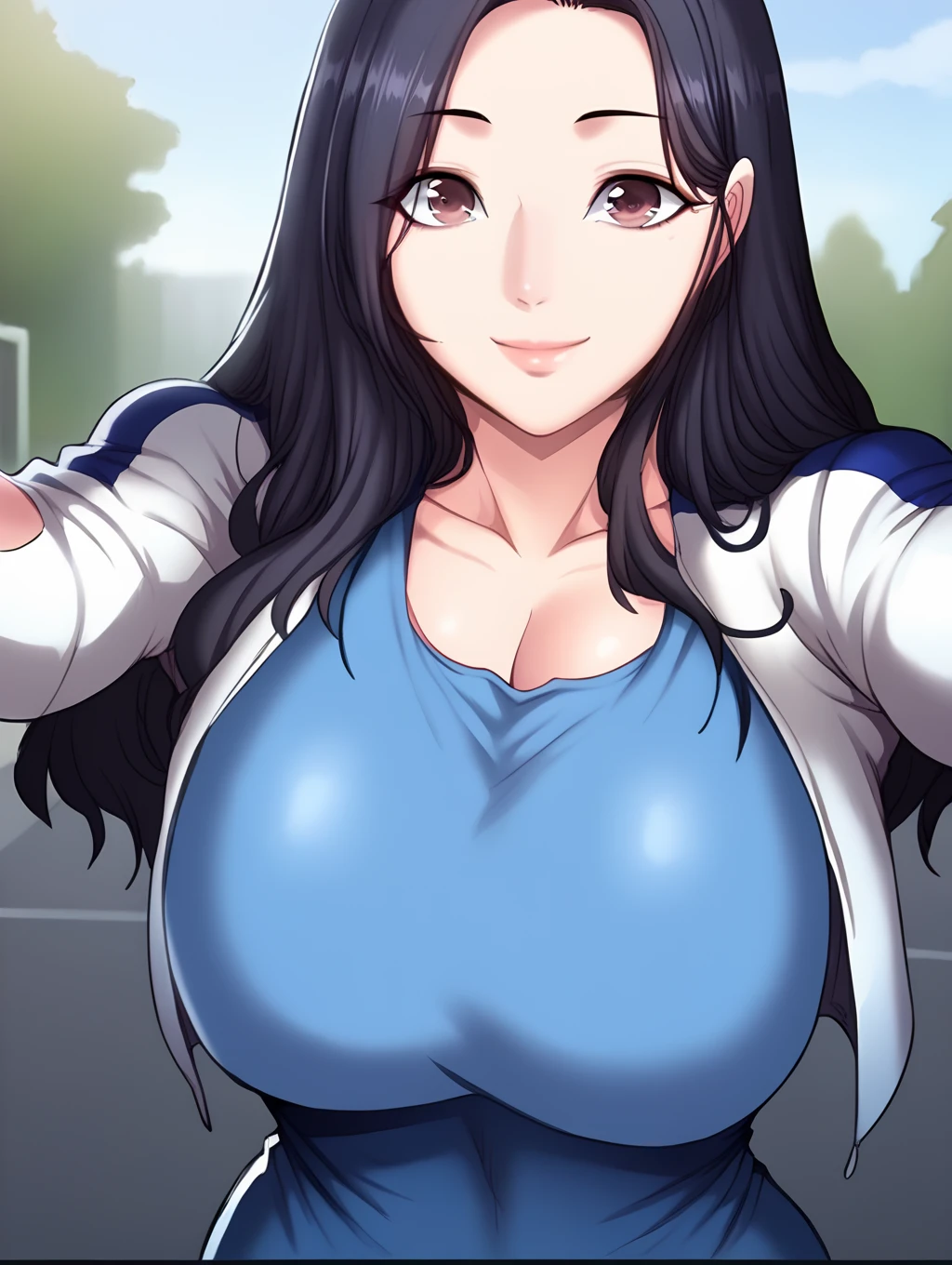 <lora:Chunhwa:1> 1girl, black hair,large breasts, brown eyes, ,  breasts, chunhwa, mature female,(long hair , blue dress, jacket,sneakers , selfie , smile,