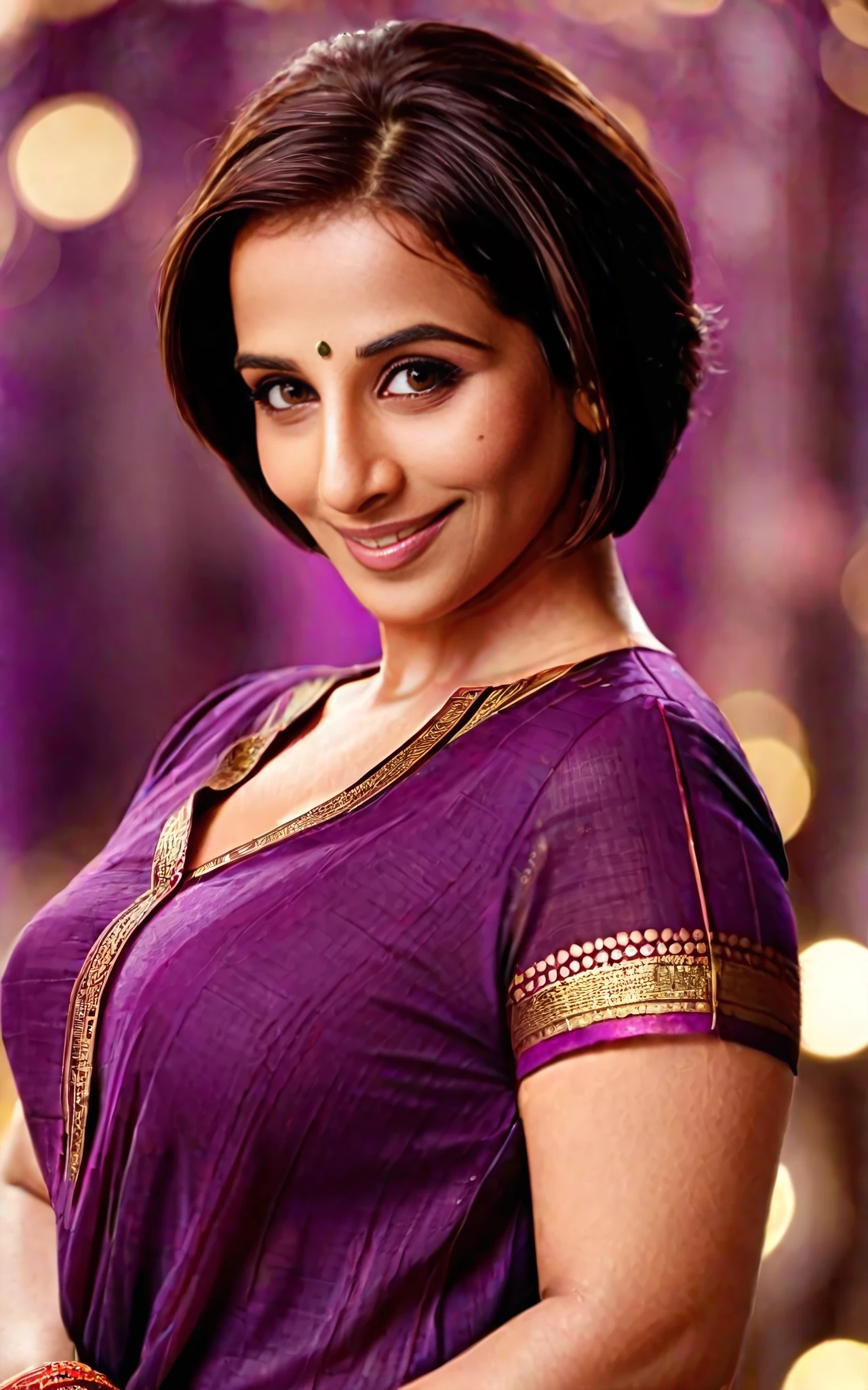 upper body photo of vidya balan woman, solo, pixie hair cut, smile, looking at the camera,  Plum ethnic clothing, , contrasting background bokeh   <lora:Vidya_Balan_SDXL_LoRA_prodigy_local:1>