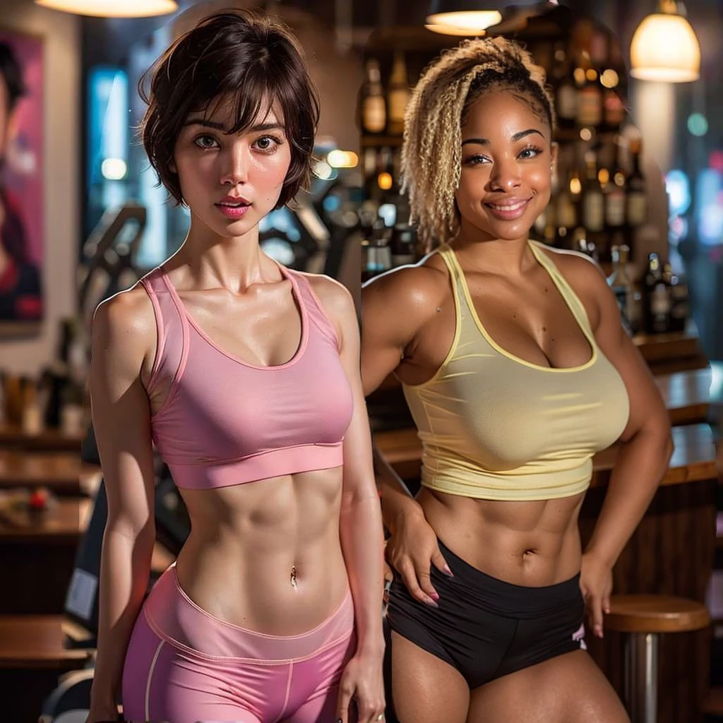 (masterpiece), best quality, expressive eyes, perfect face, headshot, looking at viewer with a big naughty smile, thick but athletic figure, sweaty, wearing workout clothes, pouty expression, lips, blue eyes, blonde hair with black roots, Light Brown-skinned, Black American female, athletic, thick, 24-year-old, standing at a bar with a  friend she is sexually attracted too, black shorts, thick thighs, <lora:f3db9787-3c0d-4988-bd47-a69e04bb689d:1.0>, <lora:WeightSliderLoRAv2:0.4>