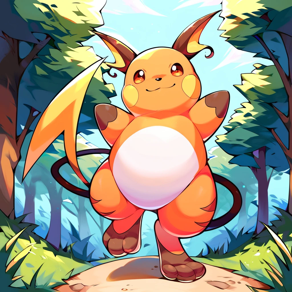 score_9, score_8_up, score_7_up, score_6_up, score_5_up, score_4_up, raichu, pokemon, orange skin, two brown stripes on back, white belly, chubby, brown toes, brown hands, tan soles, single circular paw pad on soles, chubby yellow cheeks, long tail, lighting bolt on tail, pokemon (creature), no humans, pink circular paw pads, outside, forest background, forest scenery, wandering in the forest, walking, looking at viewer, smiling, three toes <lora:Raichu_PonyXL-000006:1>