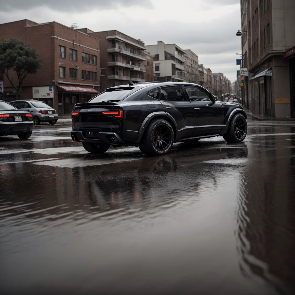 a black urus parked, hdr, rainy, wet ground, ray tracing, volumetric lighting, raw photo, high contrast, reflections on ground, 8k, masterpiece, back view, tail lights on, brake lights on,  <lora:zeekars:0.7>