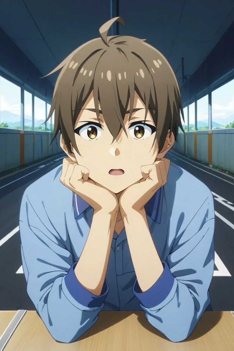 score_9, score_8_up, score_7_up, , rating_safe, , , looking at viewer, , 1boy, solo, male focus, <lora:hideki_nishimura_pony:0.84>, hideki_nishimura, brown hair, brown eyes, short hair, hair between eyes, ahoge, full body, highway, indoors, dark, breast rest, open mouth, ,, <lora:sdxl_lightning_8step_lora:1>