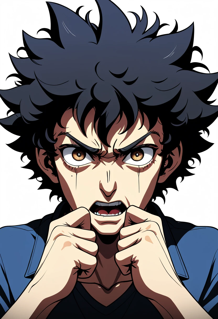 Spike Spiegel, Desperation, anguish, agony, torment, Widen the eyes, open the mouth, and clench the fists, Hand-Drawn Style, playful lines, simple shapes, whimsical details, carefree feel