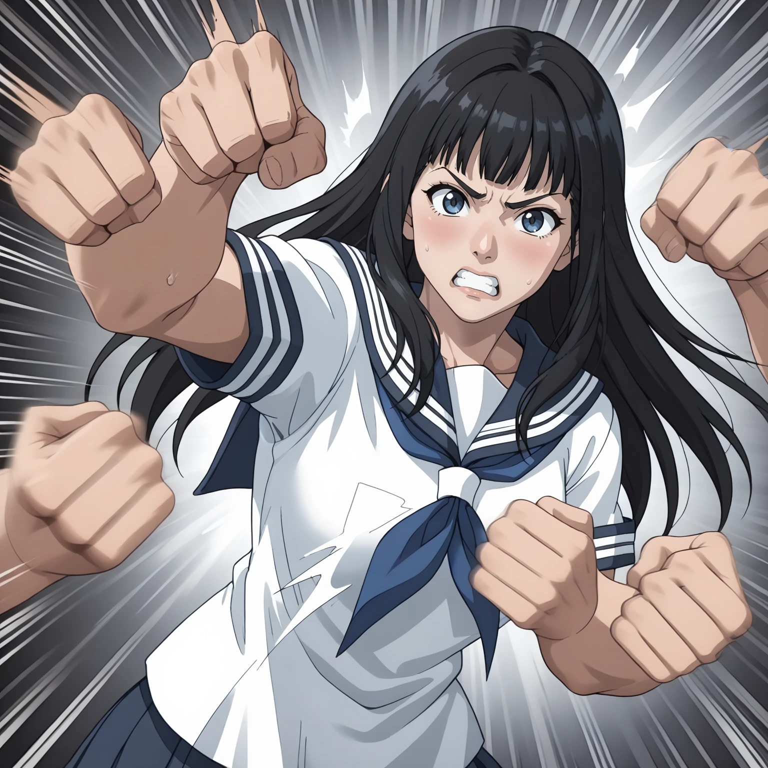 1girl,black hair,long hair,
looking at viewer,
serafuku,
BREAK
<lora:rushpunchXLpony002:0.8>,
rushpunch,punching,multiple hands,fists,clenched fists,(motion_blur:1.2),(motion line:1.1),speed_lines,