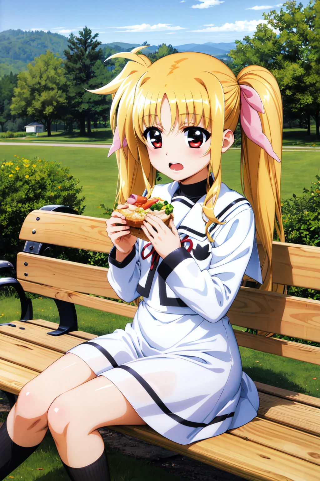 masterpiece, best quality, highres, aafate, long hair, twintails, hair ribbon, pink ribbon, small breasts, school uniform, white sailor collar, neck ribbon, collared shirt, white shirt, white dress, long sleeves, <lora:fate_testarossa_v1:0.7>, sitting, bench, food, eating, outdoors, open mouth,