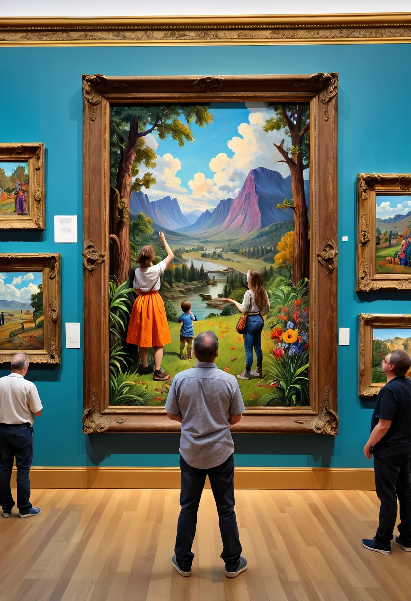 Painting, Museum, Gallery wall, The painting hangs on the museum's gallery wall, its vibrant colors and intricate brushstrokes captivating viewers. Visitors pause to admire its beauty and contemplate its significance, Cartoonish Style, vibrant colors, exaggerated features, humorous depictions, comedic timing