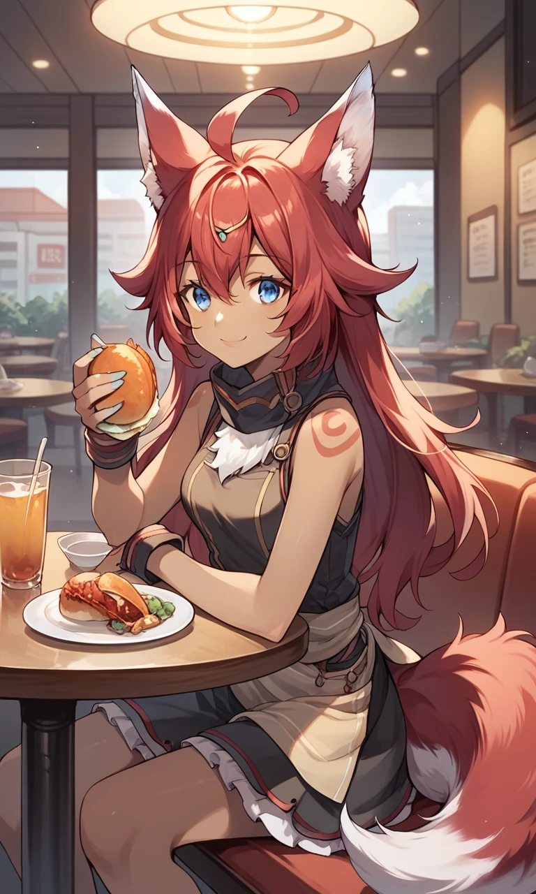 score_9, score_8_up, score_7_up, source_anime, 1girl, solo, fuuka, dark skinned female, smile, blue eyes, red hair, long hair, ahoge, animal ears, tail, indoors, restaurant,