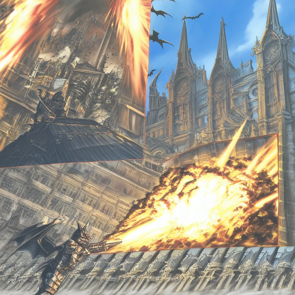 firing, police, size difference, explosion, sky, church, tower, instrument, japanese armor, bat (animal)