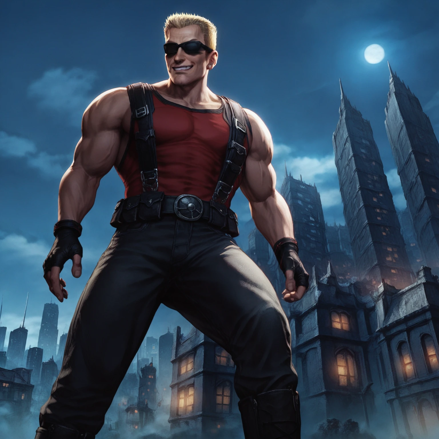 score_9, score_8_up, score_7_up, 
blonde hair, muscular, sunglasses, manly, 
tank top, pants, bandelier, fingerless gloves, belt, suspenders, boots, 
dark background, night, outdoors, rooftop, skyscraper, building, cloud, 
1boy, solo, standing, knee up, from below, looking at viewer, evil smile, arms on knees, 
xdnukemx <lora:xdnukemx-000012:0.8>