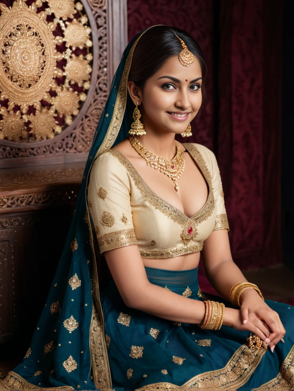 An Indian female model, indoor studio, wearing a traditional Muslim wedding lehenga and golden jewelry, posing gracefully, a carved wooden bench, dark velvet backdrop with ornate gold patterns, soft and diffused lighting, regal and elegant atmosphere, intricate details of outfit and jewelry, warm glow, serene and soft expression, eyes slightly downcast, standing confidently, hand on hip, holding dupatta, angled body, regal expression, slight head tilt, thoughtful gaze, dynamic twirl, joyful smile, close-up of embroidery and gemstones, traditional craftsmanship.