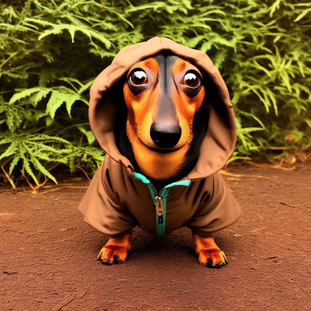 Yunadog, A whimsical image of a dachshund exploring the soft, leafy branches of an oversized parkour parka, showcasing their agility and agility in the face of obstacles. The dachshund's adorable brown coat and bold, expressive eyes create an engaging image that highlights their playful side. The parka features a stylish, brushed-on vinyl pattern, with a soft, silky lining that provides a comforting blend of texture and form. standard lens, f/2.8 aperture, soft lighting