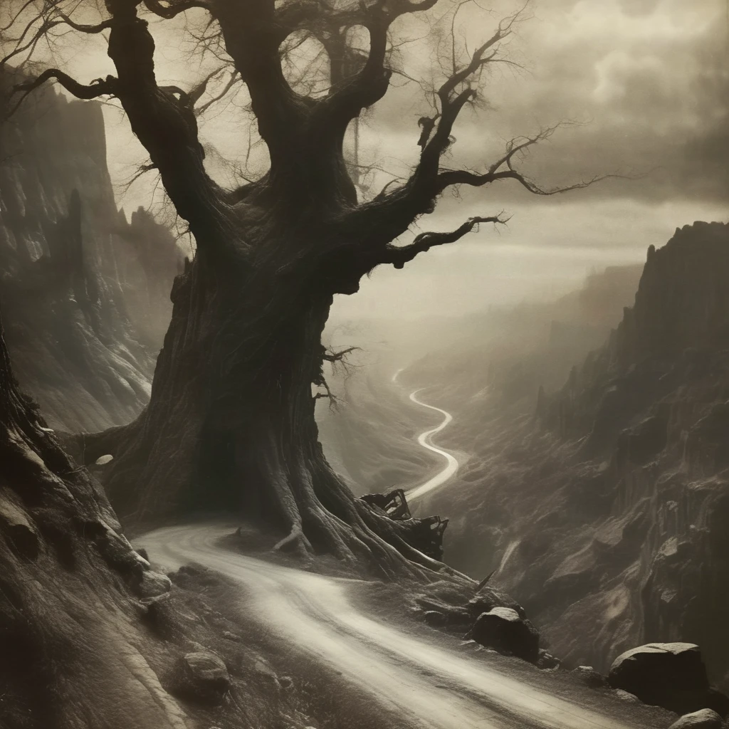 eldoria surrealistic landscape, old tree in the foreground, road, forests and mountains in the background, dark atmosphere, very realistic detail, cinematic<lora:eldoria:1>