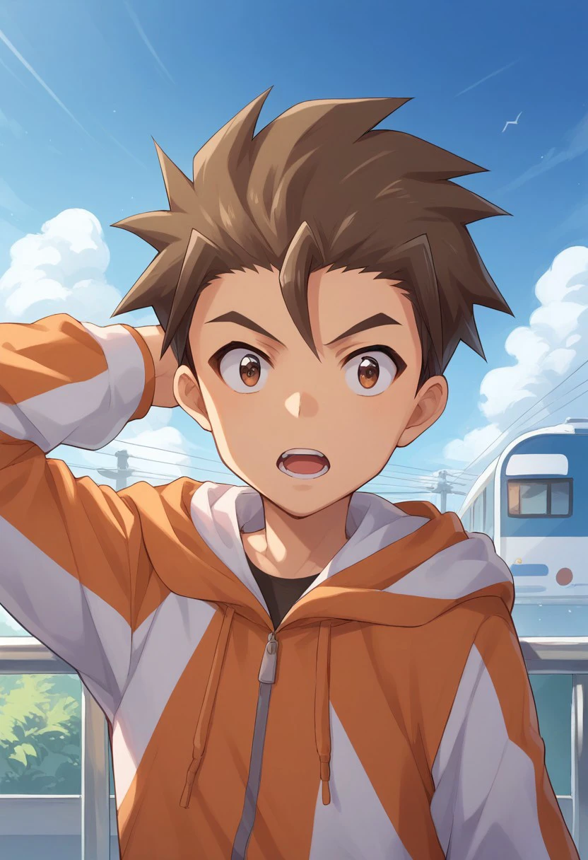 score_9, score_8_up, score_7_up, source_anime, highly detailed, 
tsuranuki, 1boy, male focus, brown eyes, open mouth, solo, brown hair, upper body, hood, hoodie, looking at viewer, hand behind head,
outdoors, train, sky, shinkansen