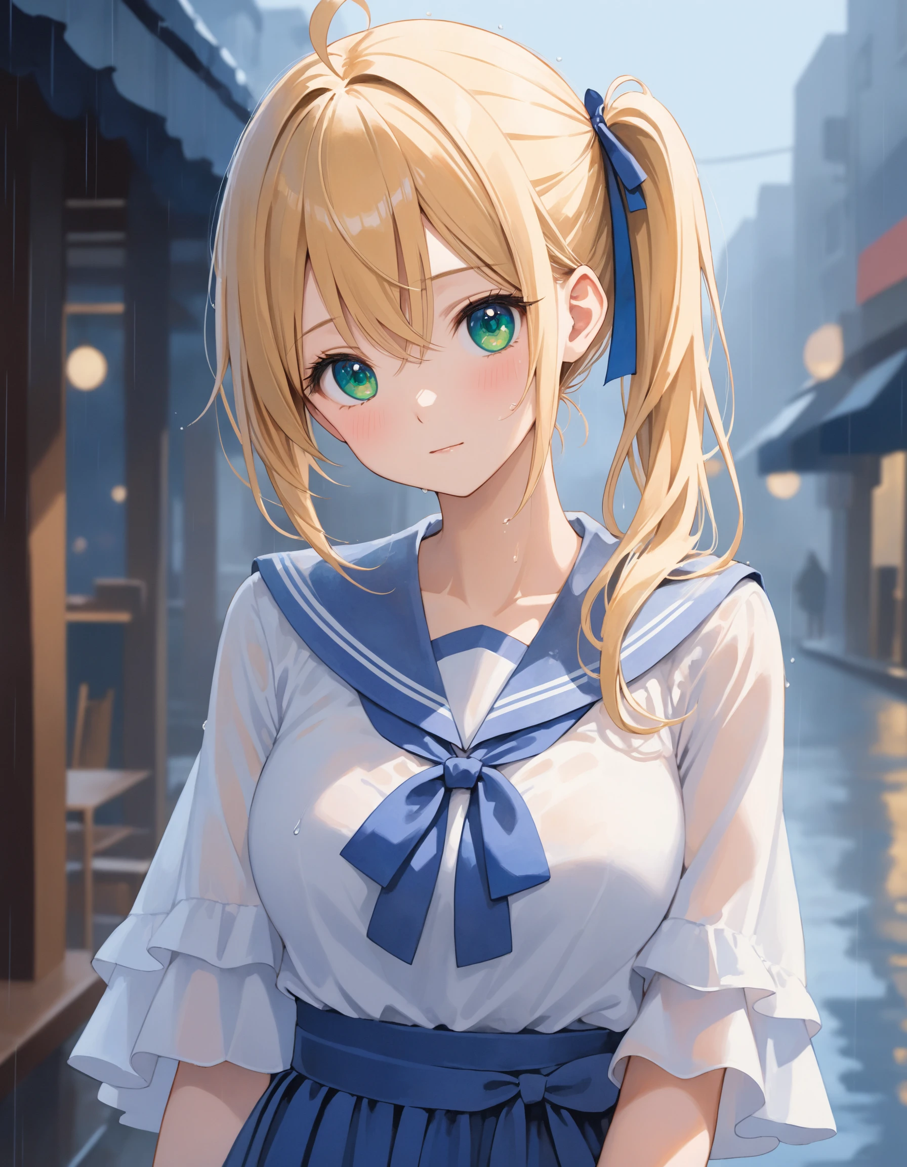 SceneOverview: A girl taking shelter from the rain.
SceneDescription:
- Composition: Upper body shot. Cinematic angle.
- Subject: A cute girl.
- Characteristics:
- Face: (Cute round face:1.2).
- Eyes: Detailed green eyes.
- Hair: Medium hair, (side ponytail:1.05), blonde hair, ahoge and hair between eyes.
- Body: Detailed slender body. Large breasts.
- Clothing: White blouse. Pale saxe-blue sailor collar with ribbon. Long flutter sleeves. Layered ruffled long skirt. Ribbon waist.
- Elements: Wet hair. Wet body. Wet dress.
- Expression: Embarrassed expression. Red cheek.
- Posing: (Contrapposto:1.2). (Head tilt:1.1). Looking at viewer.
- Background: Fashionable cafe street.
Time: Daytime.
Weather: Rain.
Condition: Rainy day.
Lighting: (Blue hour light:1.4).
ArtStyle: Watercolor. Traditional media. Blurry. Pale pastel colors.
Quality: Intricate details. Extremely detailed. Outstanding intricacies. (Masterpiece:1.2). (Best quality:1.2). (Absurdres absolutely resolution:1.4).
Mood: Serene atmosphere.