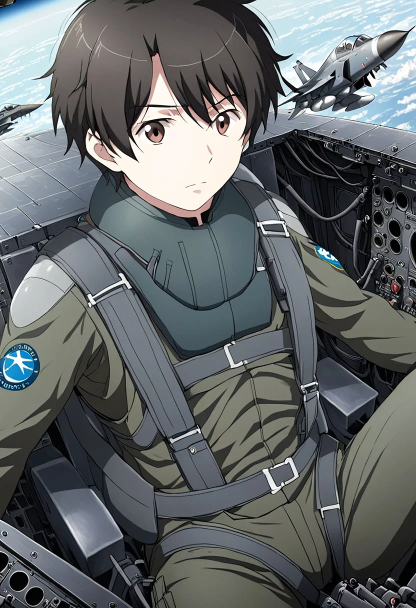 high resolution, solo, best quality, 1Boy, Inaho Kaizuka, Black hair, Brown Eyes, Pilot, Jet Fighter, Military, Military Uniform, military action, OverallDetail