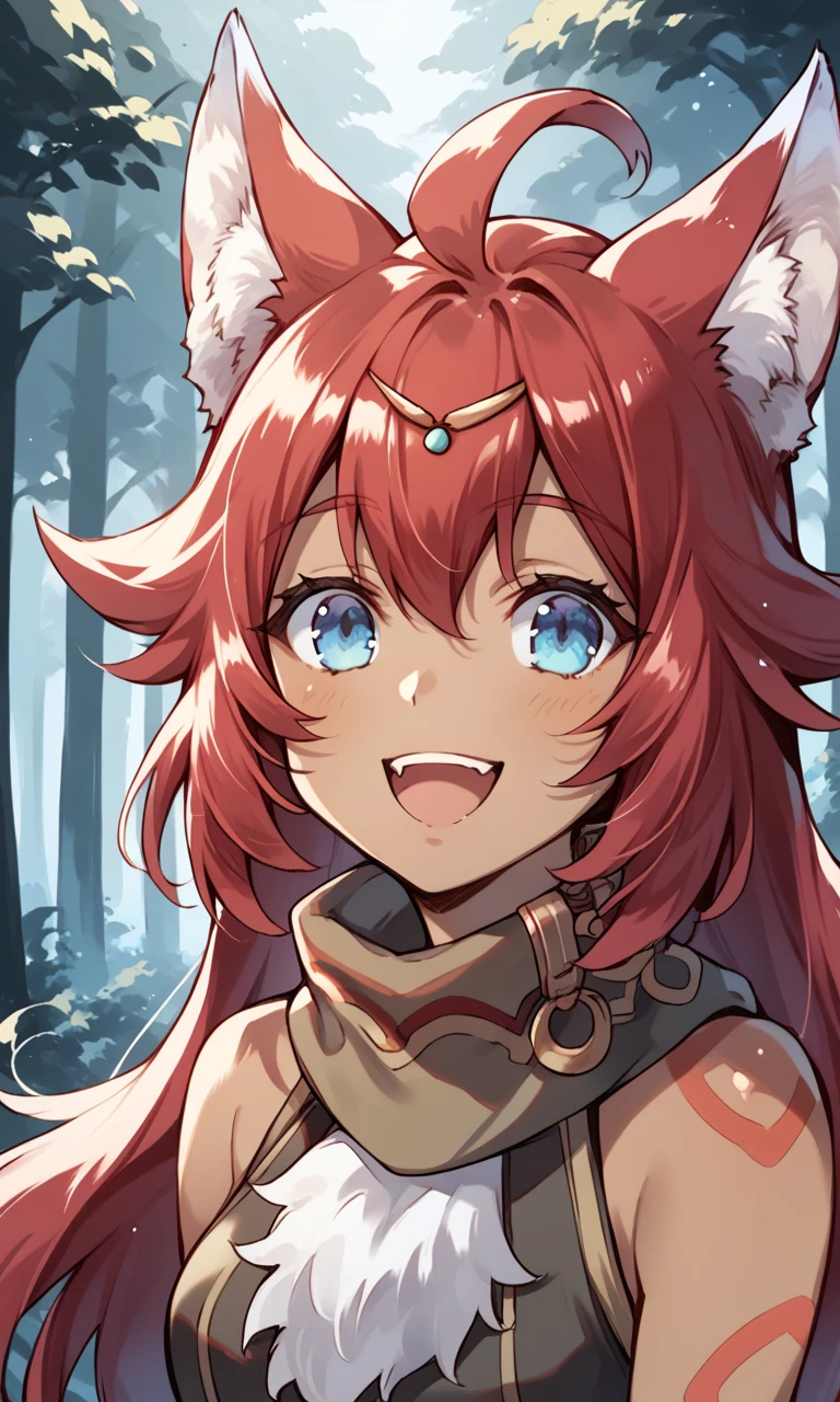 score_9, score_8_up, score_7_up, source_anime, 1girl, fuuka, dark skinned female, portrait, happy, forest, blue eyes, red hair, long hair, ahoge, animal ears, tail