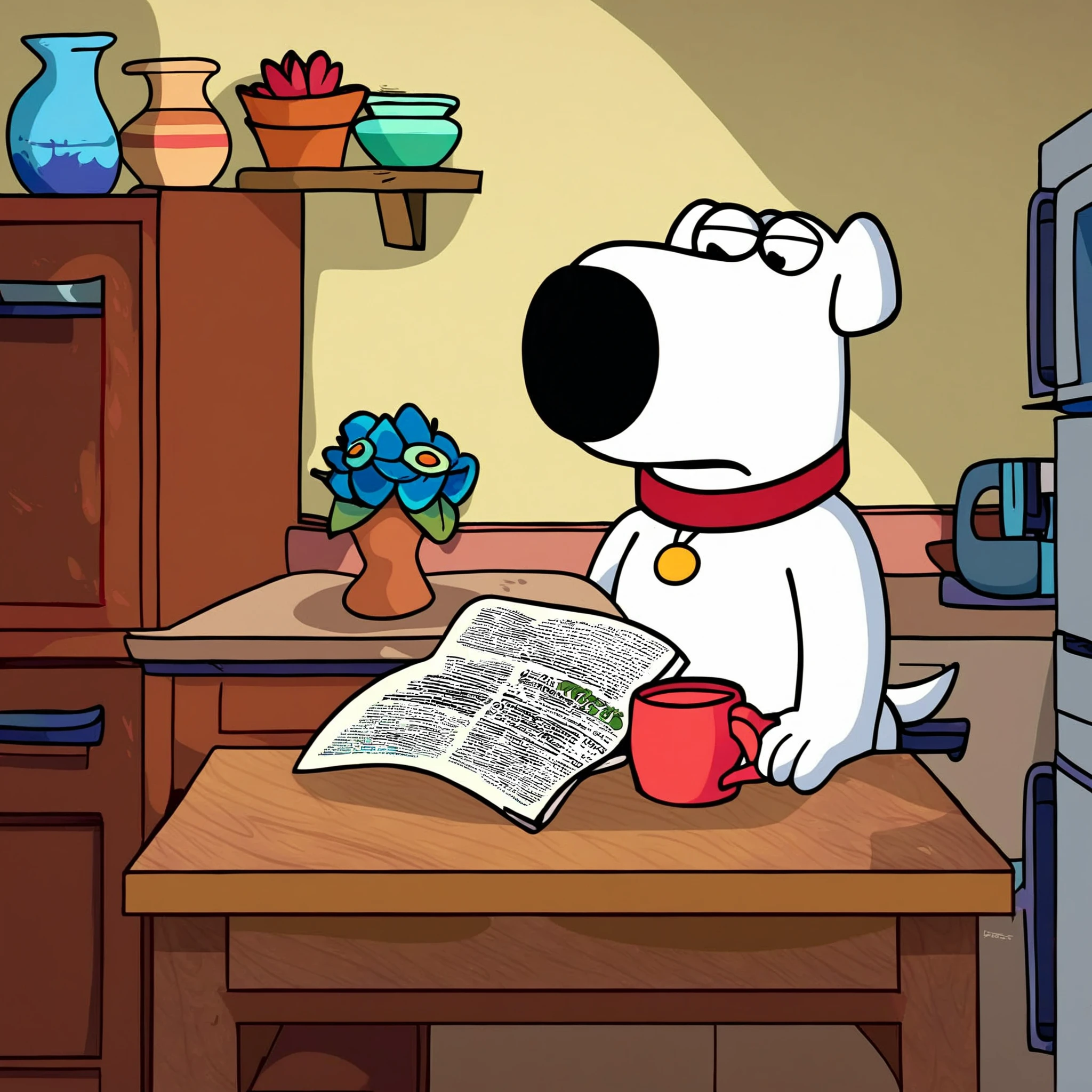 <lora:Test2:1>Brian griffin, dog, white fur, red collar In kitchen reading newspaper,  round wooden table, cofee mug steaming, vase, flowers, painting on wall, refrigerator cartoon,source_cartoon score_9, score_8_up, score_7_up, score_6_up