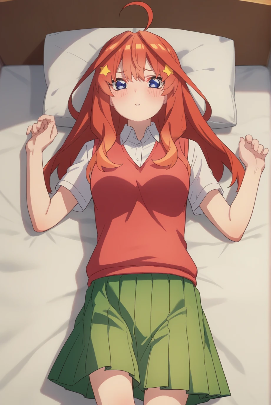 score_9, score_8_superior, score_7_superior, sauce_anime,
itsukinakano, Itsuki Nakano, bangs, blue eyes, Hair between the eyes, Ahoge, Redhead, star \(symbol\), hair ornaments, star hair ornaments, Mature Woman,
skirt, shirt, , clavicle, white shirt, Short sleeve, pleated skirt, socks, collared shirt, miniskirt, Knee-high, white socks, green skirt, Sweater vest, red Sweater vest,
indoor, bed, bed room, ~ side, blush, Drunk,
View your viewers,Tied up with rope,Lying gagged,