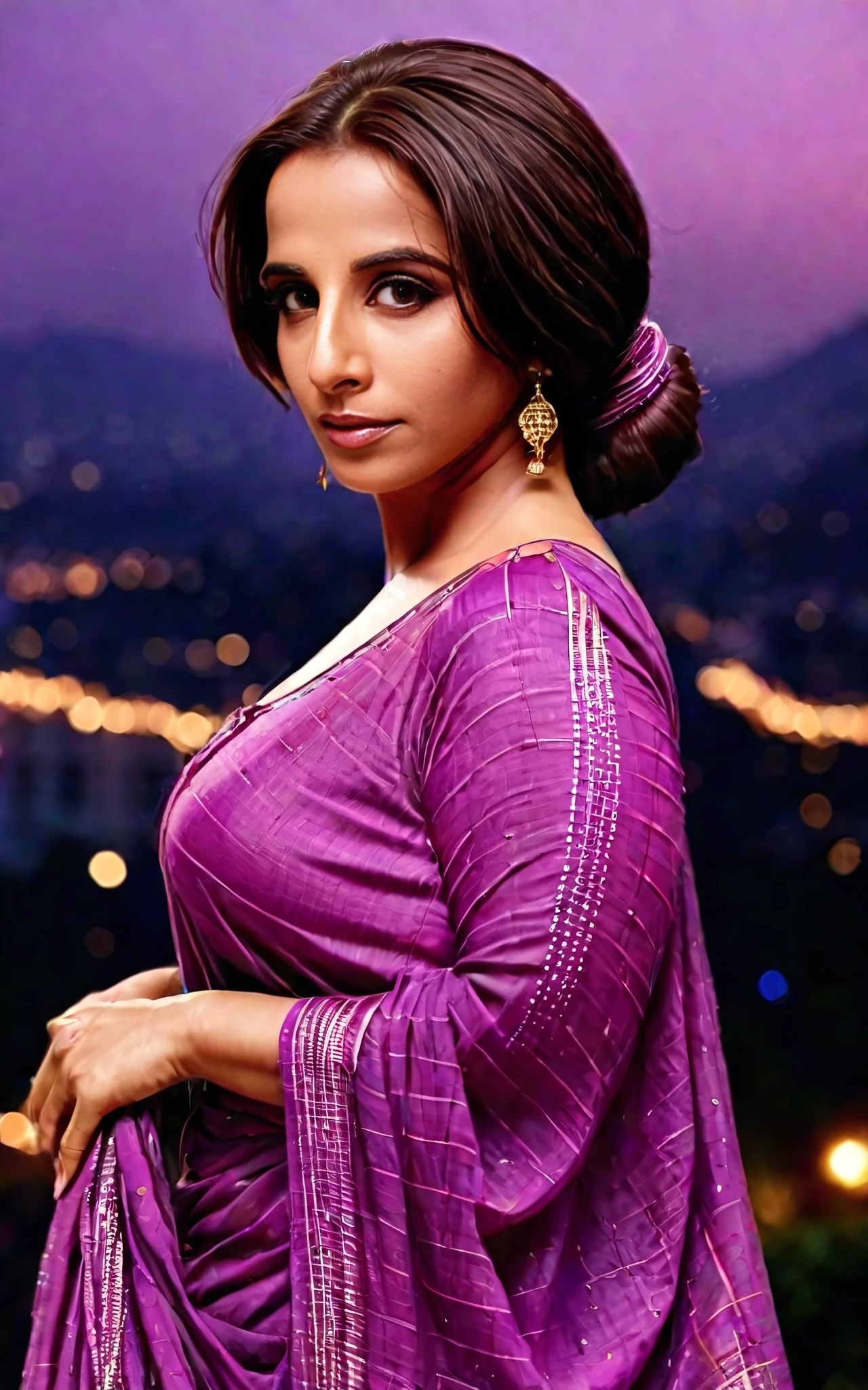 full body photo of vidya balan woman, solo, tightly tied hair, , looking at the camera,  Mauve ethnic clothing, night time, contrasting background bokeh   <lora:Vidya_Balan_SDXL_LoRA_prodigy_local:1>