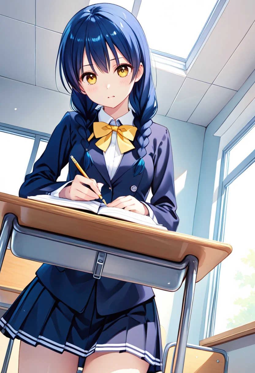 score_9, score_8_up, score_7_up, 
 In a brightness classroom, school desks, school chairs, big windows, fans on ceiling, backboard, poster on wall. A picture of a young girl studying carefully in classroom, holding a pencil and writing something on paper, bright sunlight casting on school desk. The girl wearing school uniform, wearing (white shirt) with (yellow collar bow), (dark-blue jacket) and (dark-blue pleated skirt).  
tadokoro megumi /(Food Wars/), A Japanese 1girl has blue hair which was bound into twin braids, yellow eyes and brown pupils, round face, (tender and slender:1.21) body with medium breasts,     ï¼dynamic angle,<lora:TadokoroMegumi-000008_tusi:1>