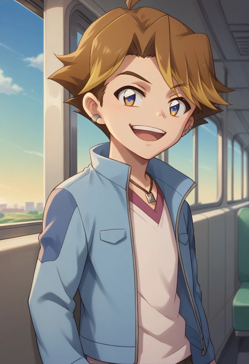 score_9, score_8_up, score_7_up, source_anime, highly detailed, 
rei, 1boy, male focus, solo, smile, blonde hair, jewelry, earrings, brown hair, jacket, necklace, blue jacket, looking at viewer, multicolored hair, smile, open mouth,
outdoor, sky, train, shinkansen