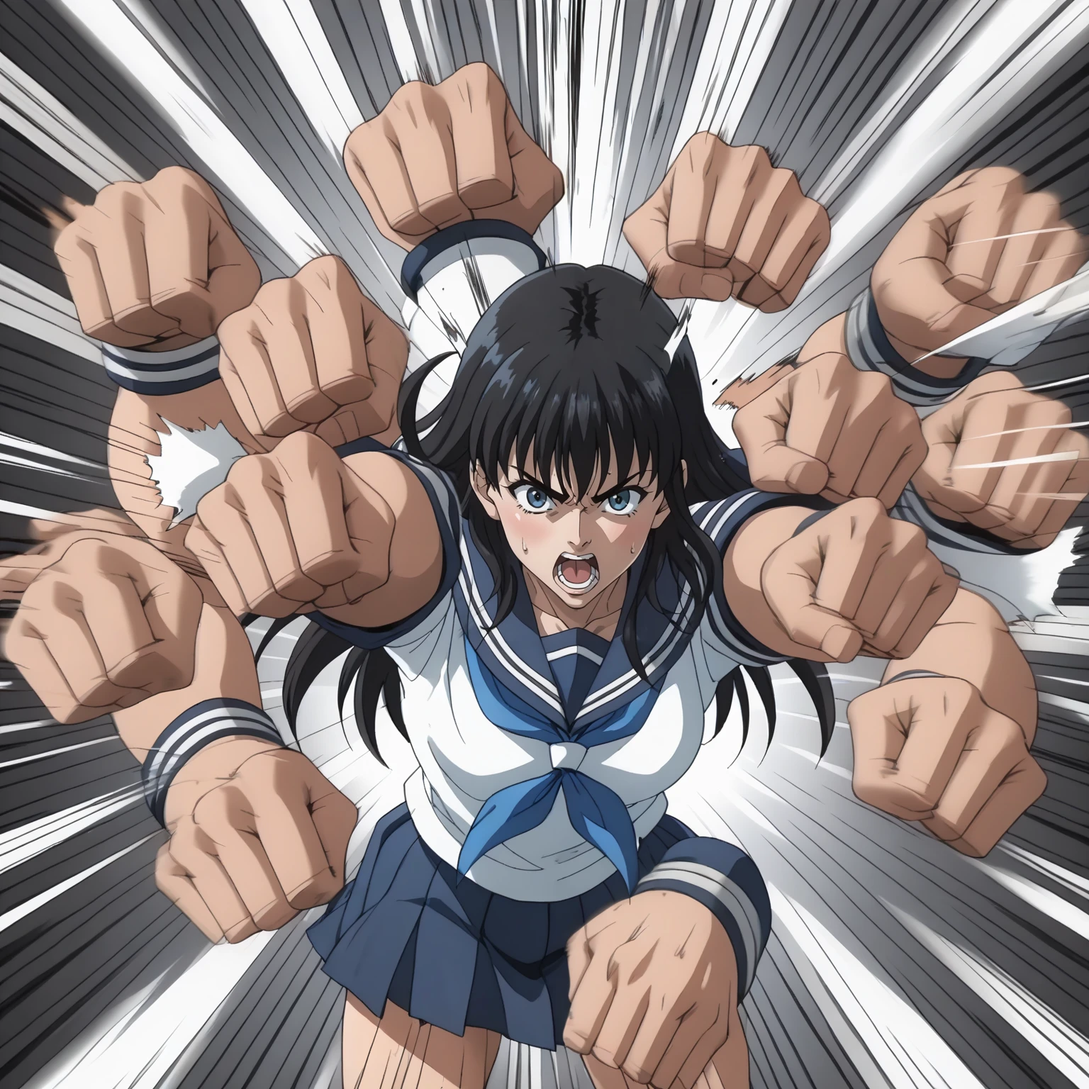 1girl,black hair,long hair,
solo,
looking at viewer,
serafuku,fighting_stance,
BREAK
<lora:rushpunchXLpony002>,
rushpunch,punching,multiple hands,fists,clenched fists,(motion_blur:1.2),(motion line:1.1),speed_lines,