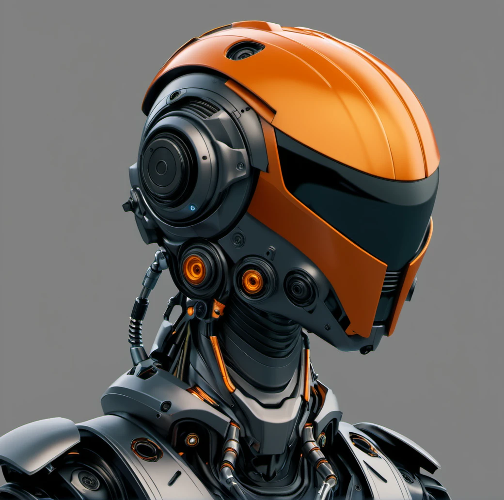 science fiction, solo, robot, from side, helmet, portrait, no humans, robot head, close-up, mechanical design, futuristic, orange color, intricate details, high-tech, artificial intelligence, metallic textures, cybernetic organism, film-styled, sci-fi aesthetic, cool tones, metallic sheen, mechanical parts, concept art, advanced technology, humanoid robot, dynamic angle, grey background ,<lora:æºç²-000002:0.6>