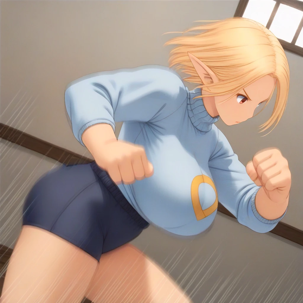 uncensored,1girl,sportswear,shirts,shorts,Fighting pose,dynamic angle,indoors huge breasts, elf,
1girl, turtleneck, side view motion lines speed lines, moving, cowboy shot,
<<lora:FFTFMVv3-000012:1> <lora:DynamicPose_Slider_Pony:1>