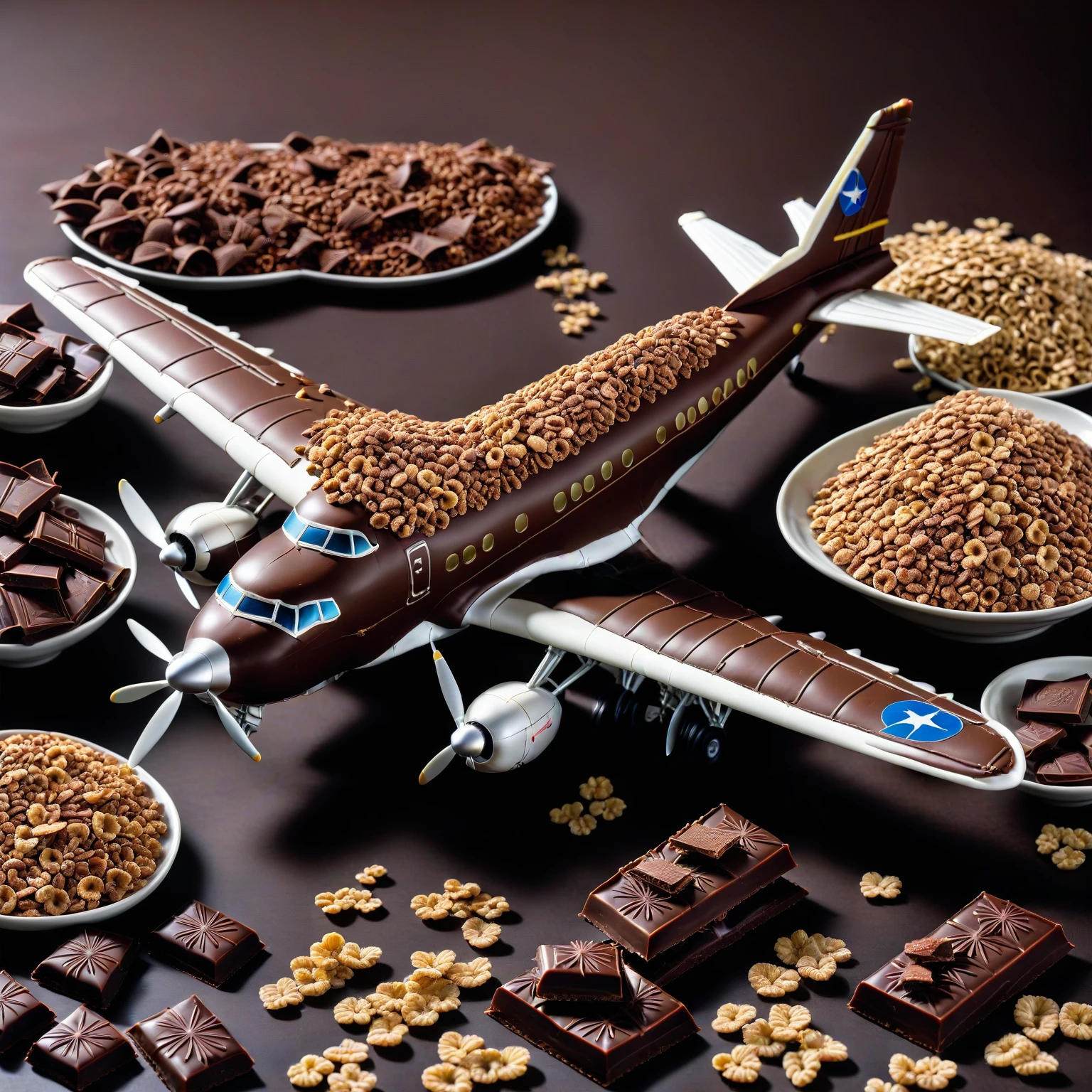 a photorealistic picture of a chocolate airplane ,Jed-ChocoC   ,chocolate, cereals  <lora:SDXLFaeTastic2400:0.5> <lora:ChocoCerealStyle:0.4>