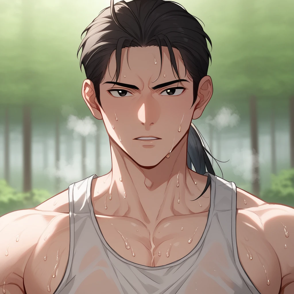 score_9_up, score_8_up, BREAK, Manhwa, 1boy, solo, black hair, black eyes, ponytail, upper body,  <lora:Manhwa_Style_PXL_Leaf1:1>,  looking at viewer,  tank top, sweat, steaming body, depth of field, forest,