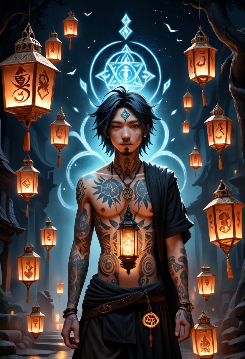 A wanderer with tattoos of glowing lanterns and mystical symbols, each marking their journey through the realms of light and shadow