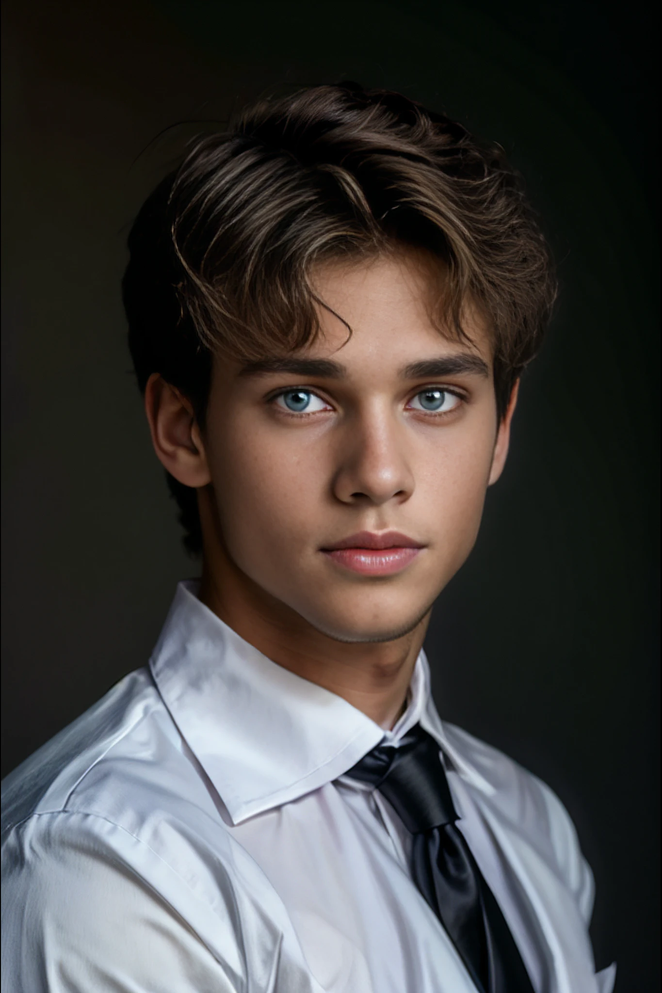 <lora:Darren_GV:1> 1boy, short brown hair, blue eyes, young man, wearing a nice black formal shirt.  Portrait