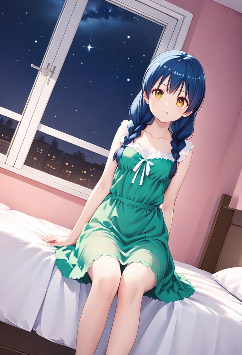 score_9, score_8_up, score_7_up, 
A picture of a girl sitting on bed in her bedroom,  it's deep night outside, soft moonlight casting across windows, star \(sky\)  twinkle, 1girl is relaxing,  wearing a (see-through green nightgown),  a green nightgown with RGB(95,255,39) color,
tadokoro megumi /(Food Wars/), A Japanese 1girl has blue hair which was bound into twin braids, yellow eyes and brown pupils, round face, (tender and slender:1.21) body with medium breasts,     ï¼dynamic angle,<lora:TadokoroMegumi-000008_tusi:1>