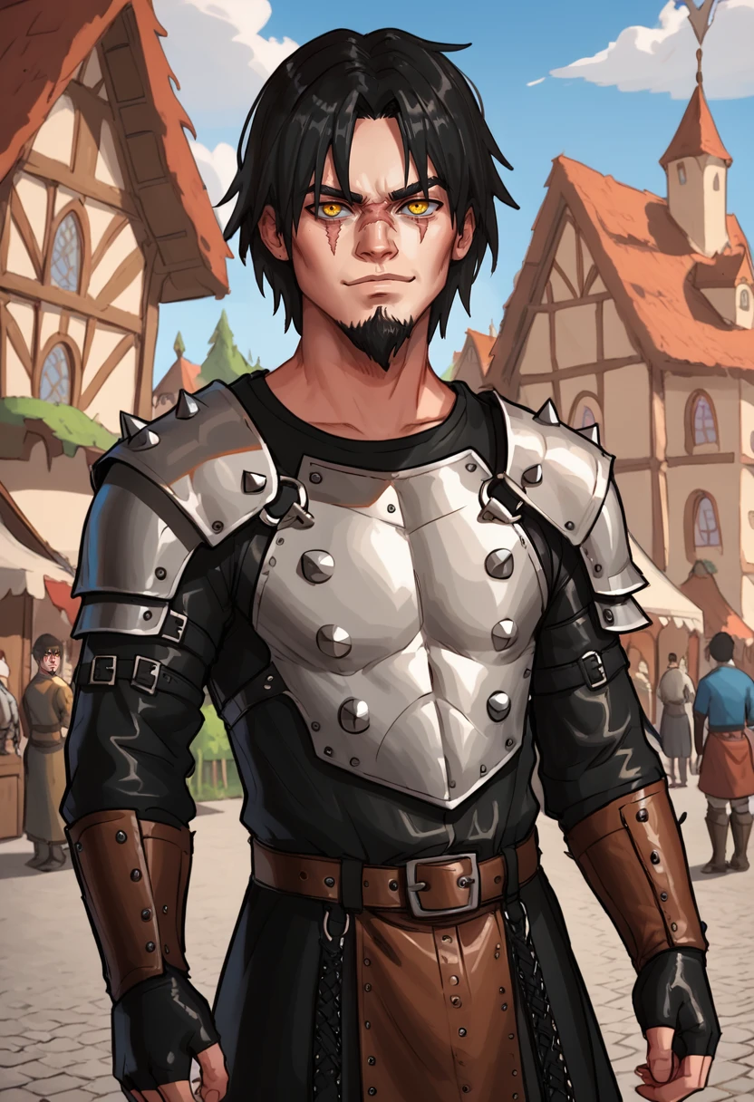 score_9, score_8_up, score_8,    <lora:rey:0.8> 1boy, r3y, solo, male focus, facial hair, black hair, goatee, scar, yellow eyes, outdoors, medieval, town, fantasy, tunic, leather armor, straps, colorful potions on belt, epic, marketplace