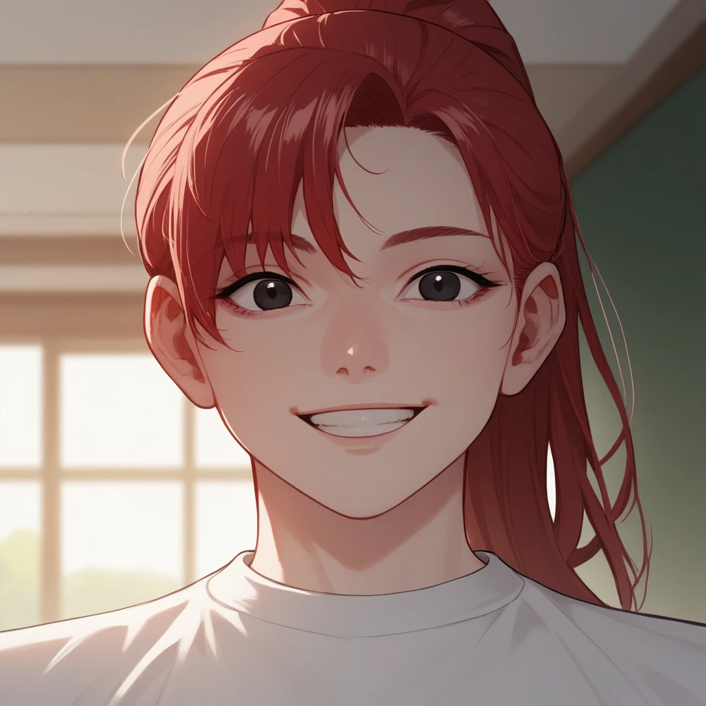 score_9_up, score_8_up, score_7_up, BREAK, Manhwa,1girl, solo, ponytail, red hair, black eyes, white shirt, portrait,  <lora:Manhwa_Style_PXL_Leaf1:1>,  looking at viewer, smile, depth of field,