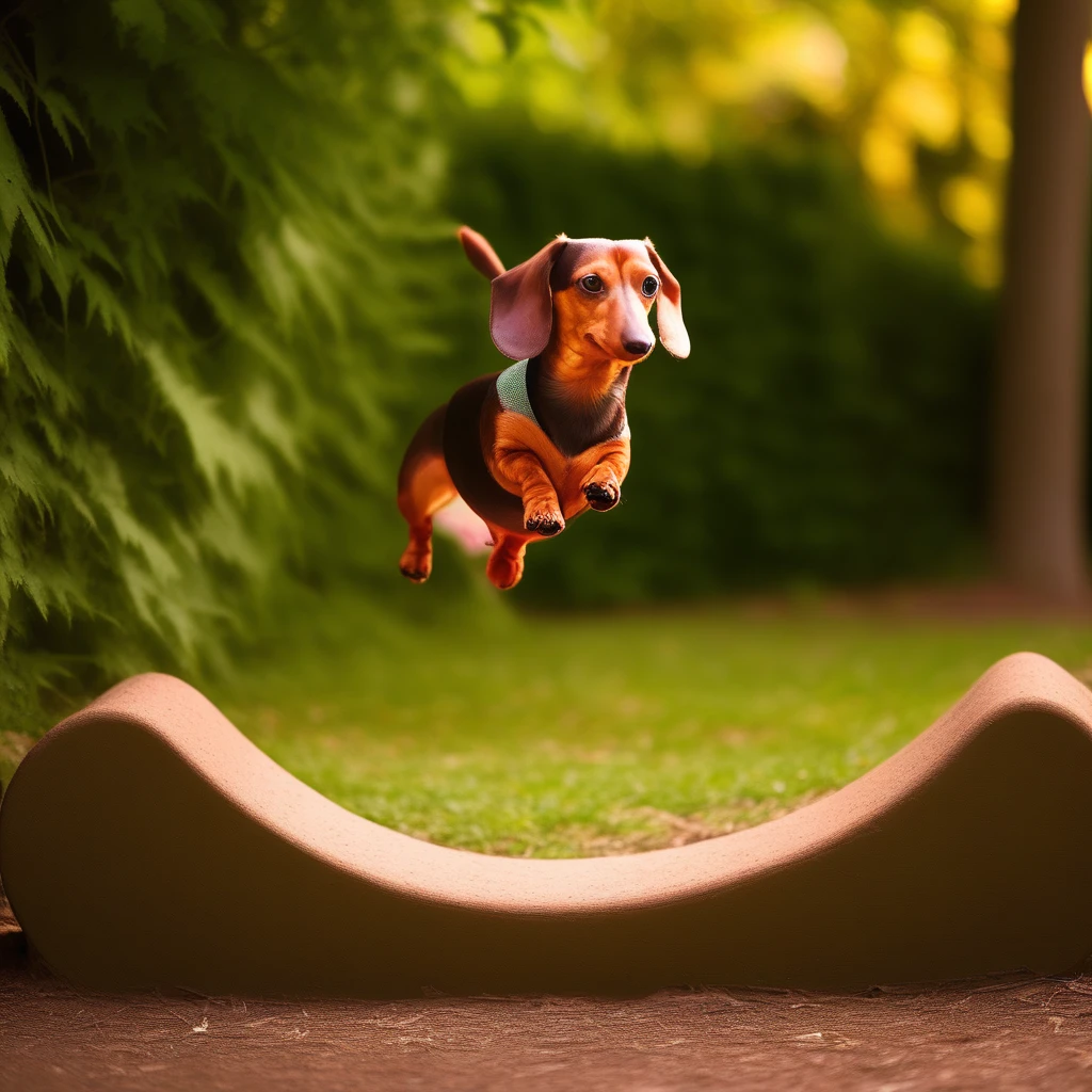 A captivating scene of a cute, dachshund dressed in a colorful and stylish parkour outfit playing a challenging obstacle course. The dachshund leaps gracefully, landing on its feet, and their eyes are glittering with delight as they run. The surrounding park is filled with lush foliage, including dappled sunlight filtering through the trees, casting intricate patterns across the ground. The dachshund's gentle pace is evident in the soft, bokeh lighting, emphasizing their speed and agility. wide aperture, soft lighting, f/8 aperture