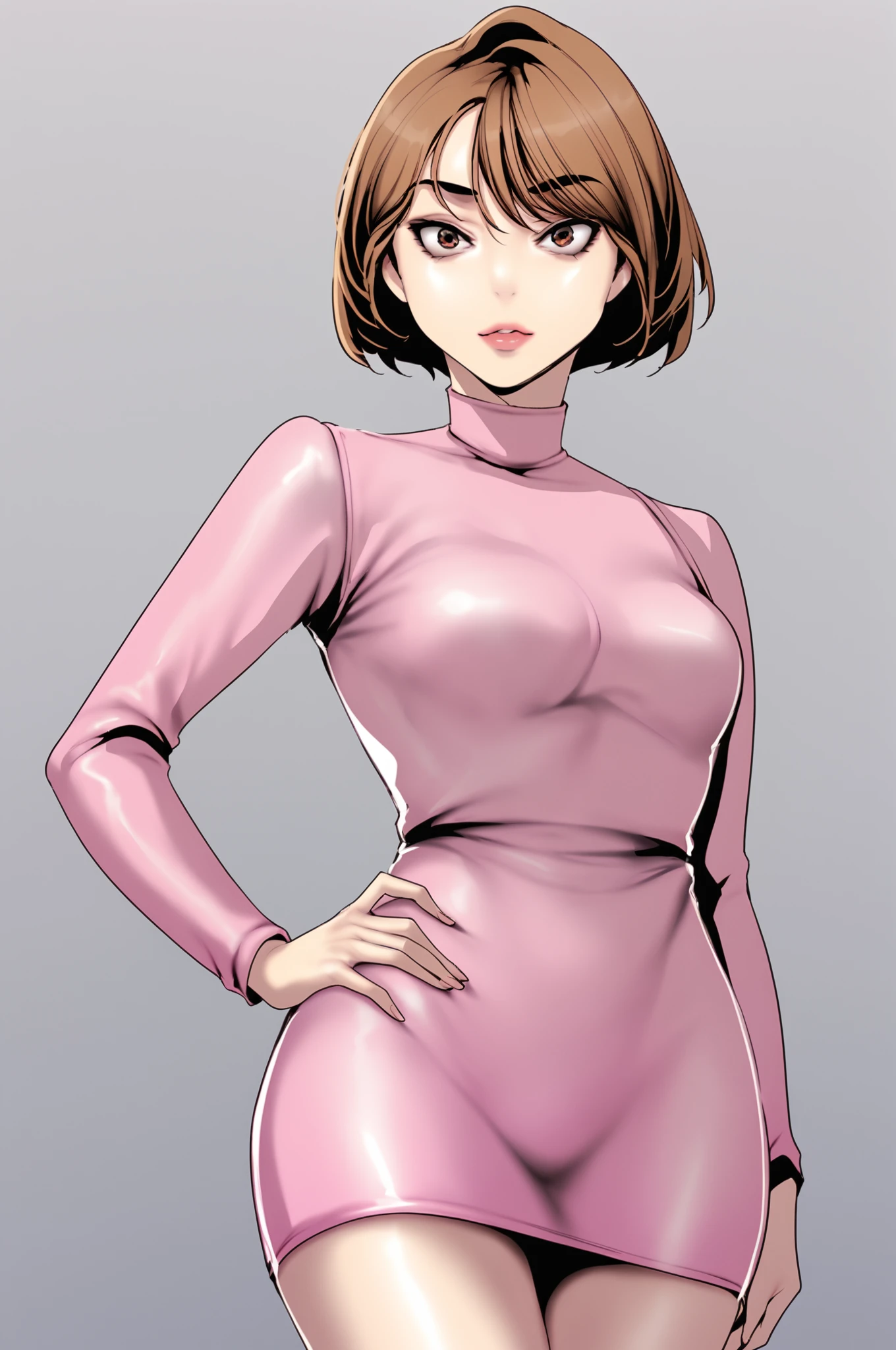 <lora:XL_NaSori_BNW:1> nasoridef, brown hair, brown eyes, short hair, grey background, simple background, 
standing, looking at viewer, facing viewer, long sleeves, pink dress, turtleneck, dress, short dress, hand on own hip,, score_9,score_8_up,score_7_up, source_anime,  detailed face