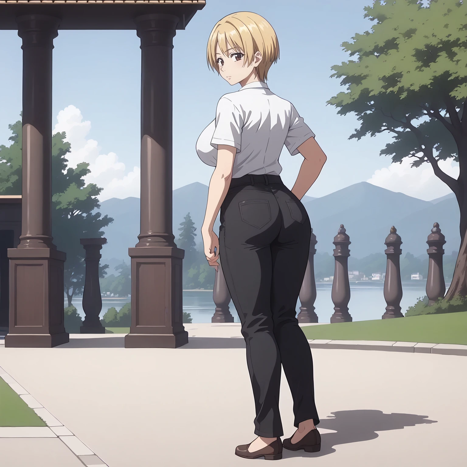 <lora:TomokaSuisoXLpony001>,
solo,
TomokaSuiso,1girl,blonde hair,short hair,brown eyes,
large breasts,
white shirt,
black pants,
outdoors,
full body,standing,looking back,