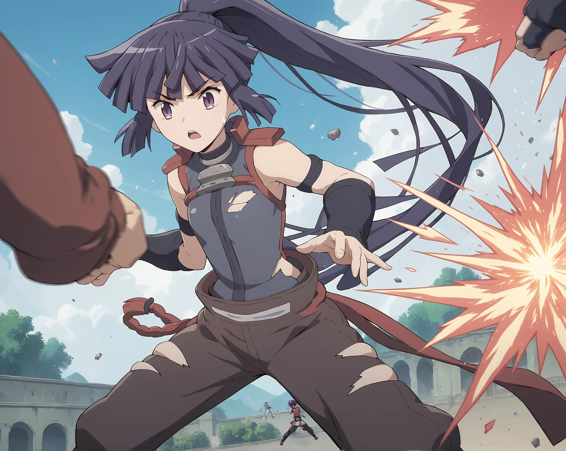 score_9, score_8_up, score_7_up, lhakatsuki, ponytail, solo focus, flat chest, assassin clothes, fighting, (ripped clothes:1.1), choker, exploding clothes, torn clothes
<lora:Akatsuki_LH_PXL:0.7>