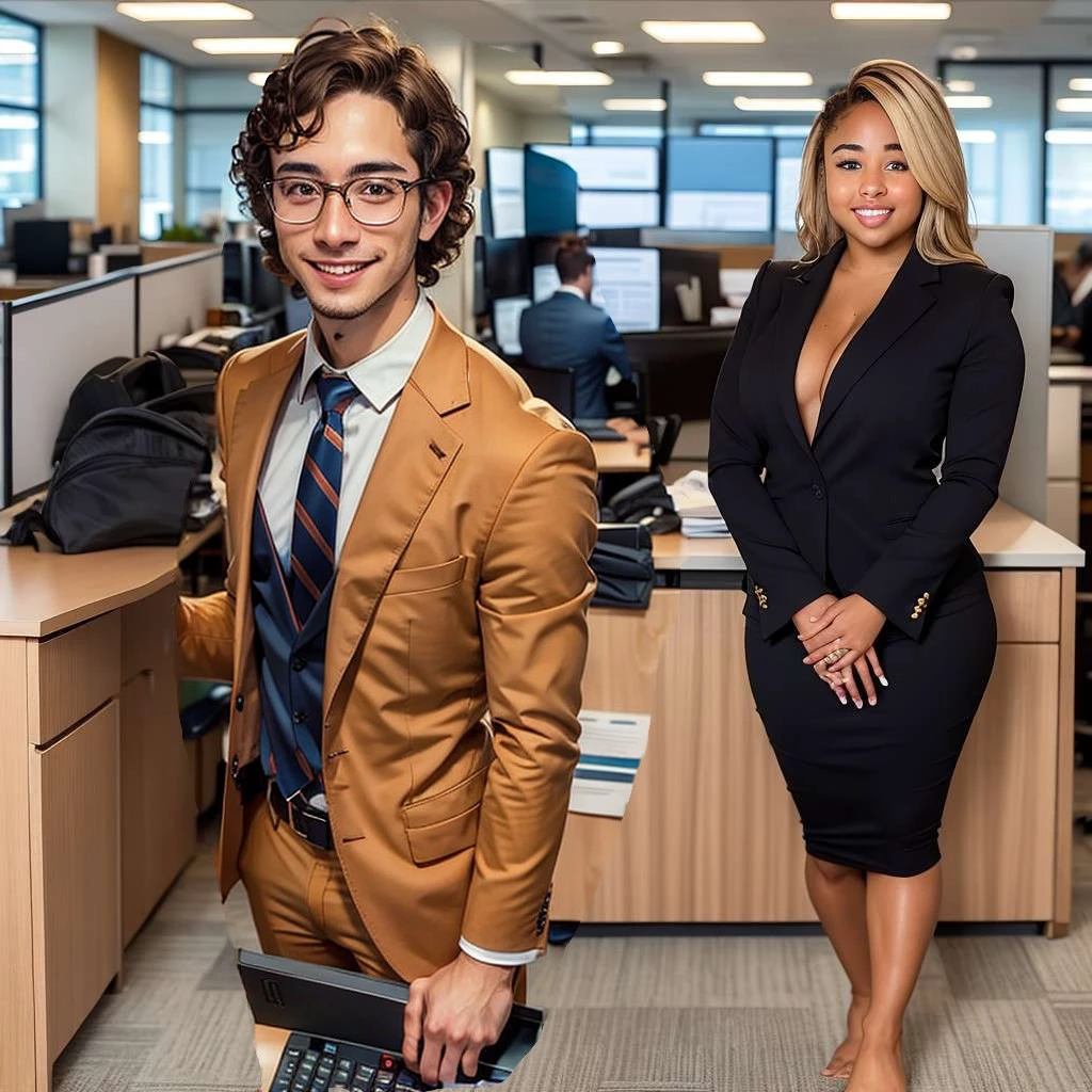 (masterpiece), best quality, expressive eyes, perfect face, business formal attire, standing at his desk in a telesales office in Arizona,  32-year-old, Curly brown hair, Slim athletic figure, Aiden, glasses, wearing a suit and tie, smiling, welcoming expression, <lora:cd12b6e8-de97-44c1-ae88-6ac23589e28c:0.7>