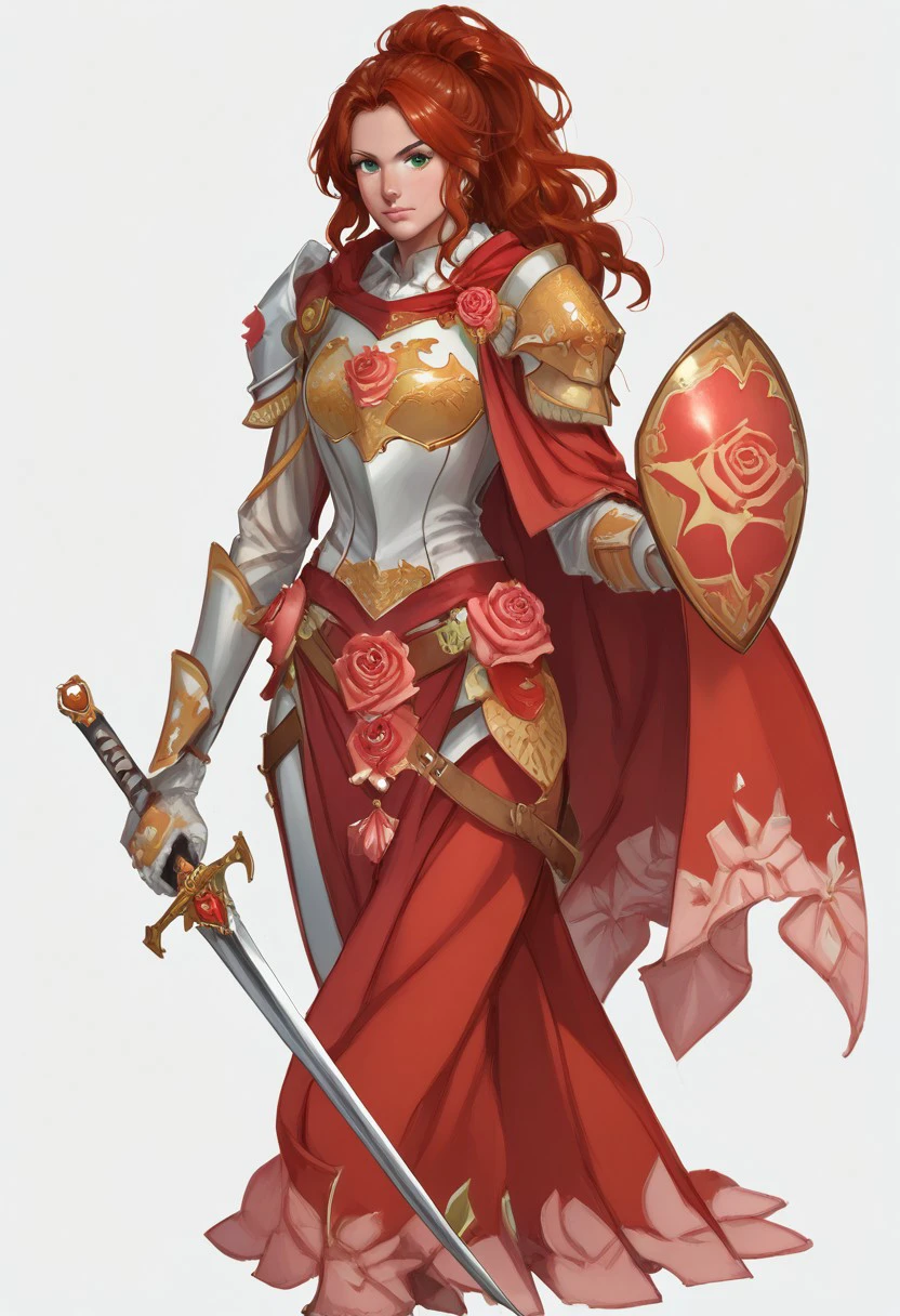 score_9, score_8_up, score_8_up,
sune,  sune \(baldurs gate\), sune \(goddess\),  1girl, solo, long hair, looking at viewer, simple background, brown hair, white background, holding, green eyes, ponytail, weapon, flower, red hair, sword, cape, holding weapon, armor, rose, holding sword, shoulder armor, pauldrons, shield, breastplate, holding shield