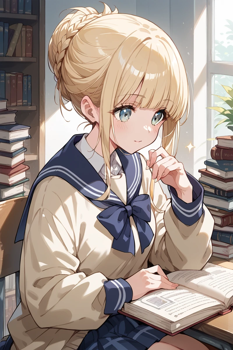 score_9, score_8_up, score_7_up, score_6_up, 1girl,
<lora:Fukushima_Noa_r2:0.9> noa, blonde hair, updo, bangs, updo, school uniform, book,